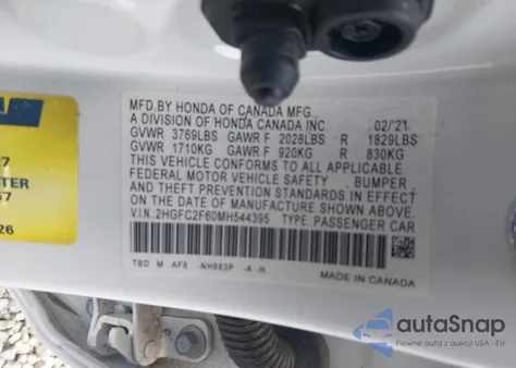 2021 Honda Civic Lx z USA, uszkodzony, nr VIN 2HGFC2F60MH544395